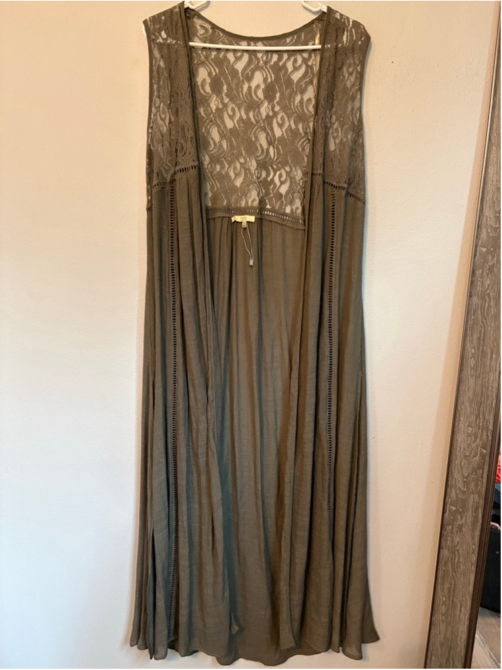 Kori America 100% Cotton Lace Mix Maxi Cardigan Olive Green Boho Duster Large